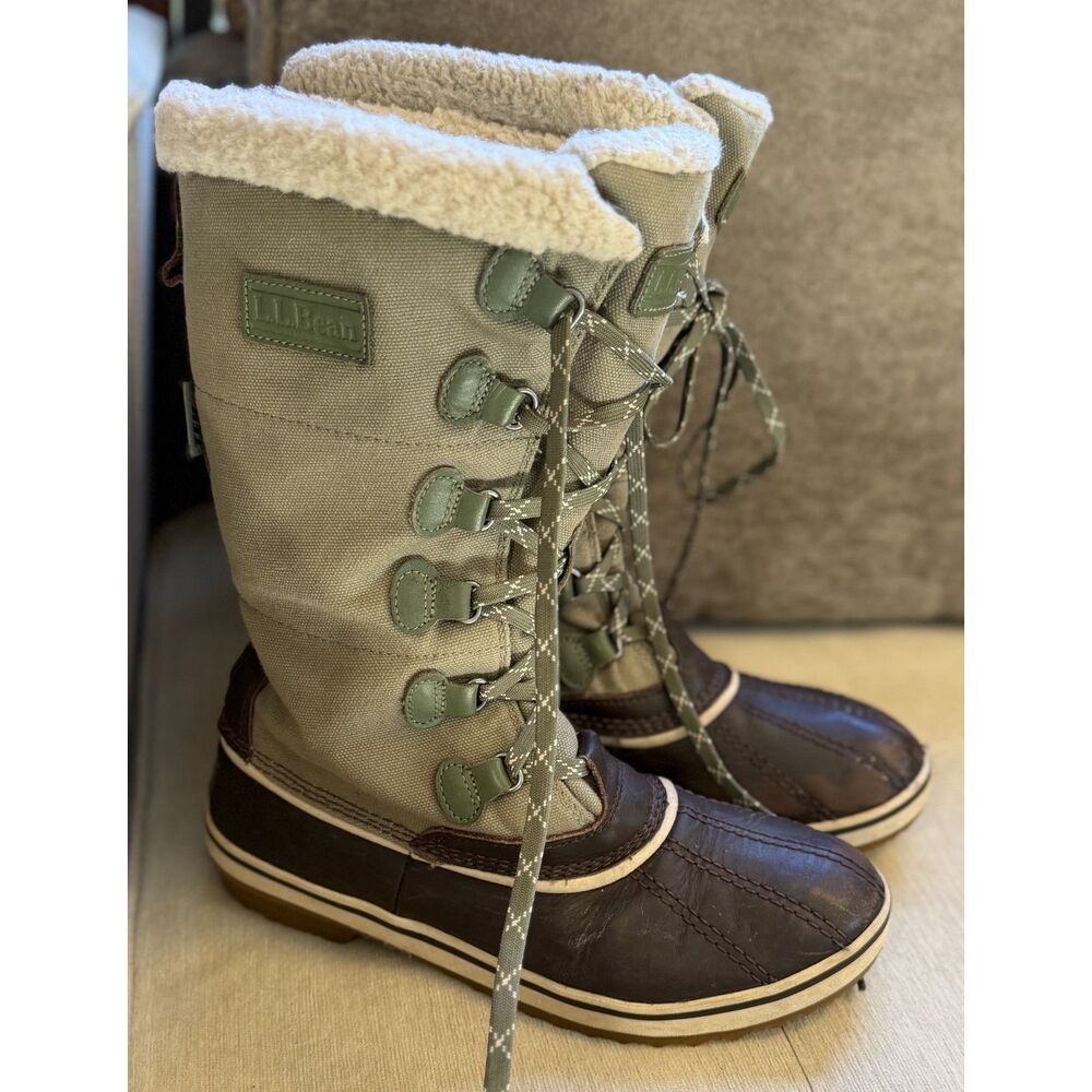 LL Bean Women's Insulated Olive Green Faux Fur Waterproof Tall Boots Size 9